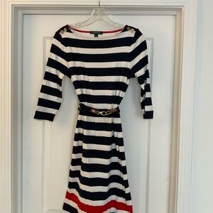 Ralph Lauren Navy and White Striped Dress with Red Detail